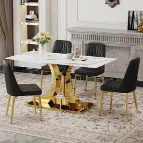 Streamdale Luxurious 63" Sintered Stone Dining Set with X-Legs & PU Chairs