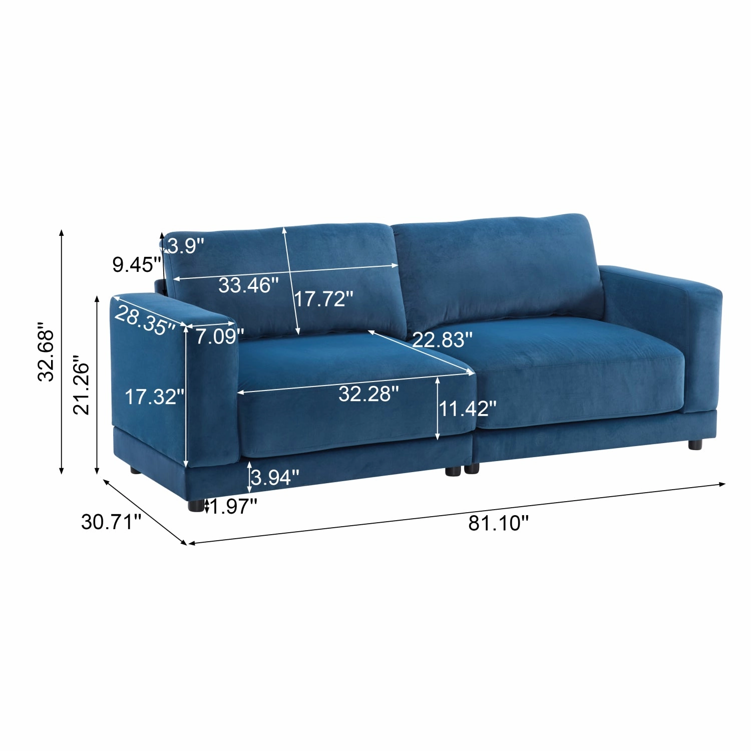 Streamdale Velvet Sofa - Modern Square Arm, Deep Cushions