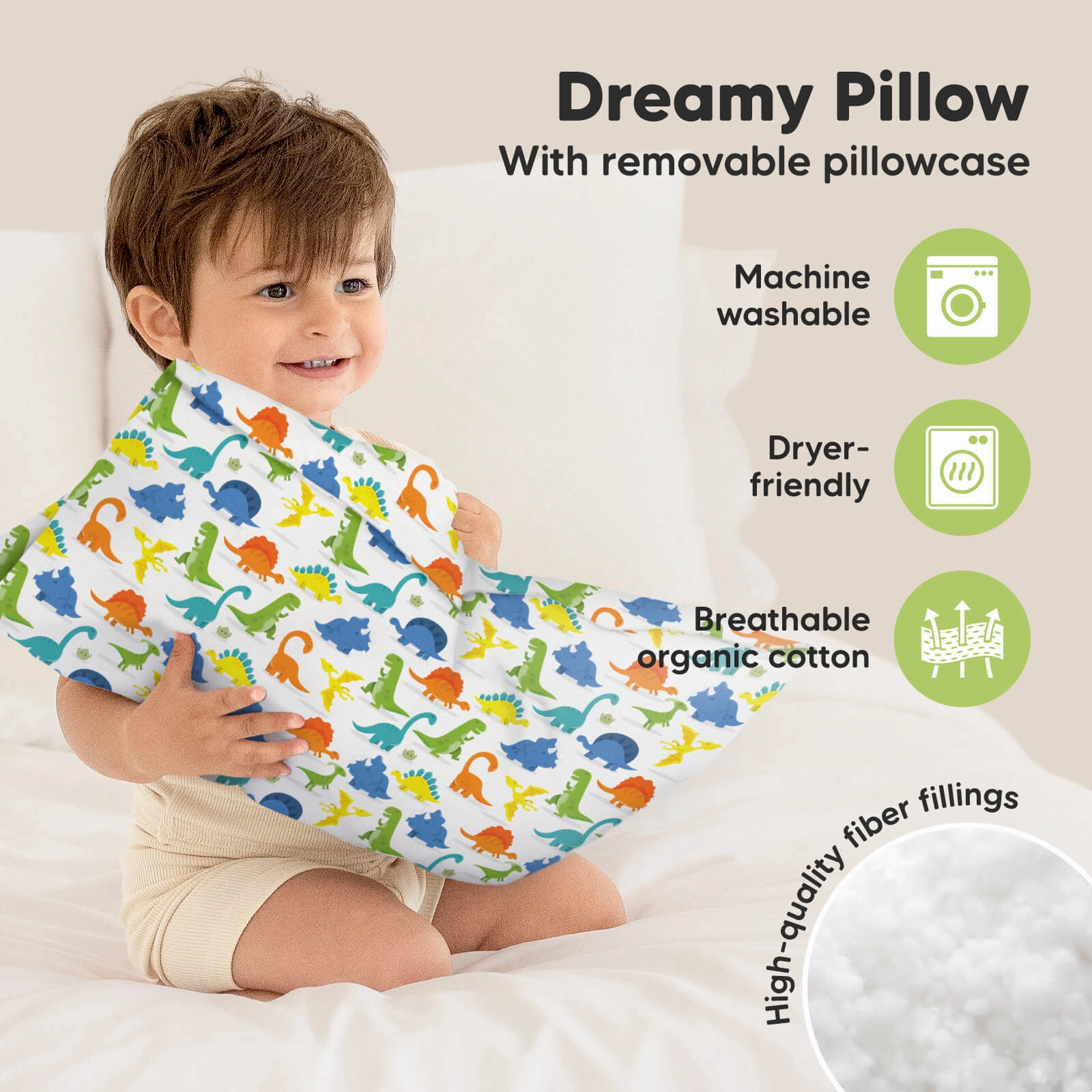 Toddler Pillow with Pillowcase (Happy Dino)