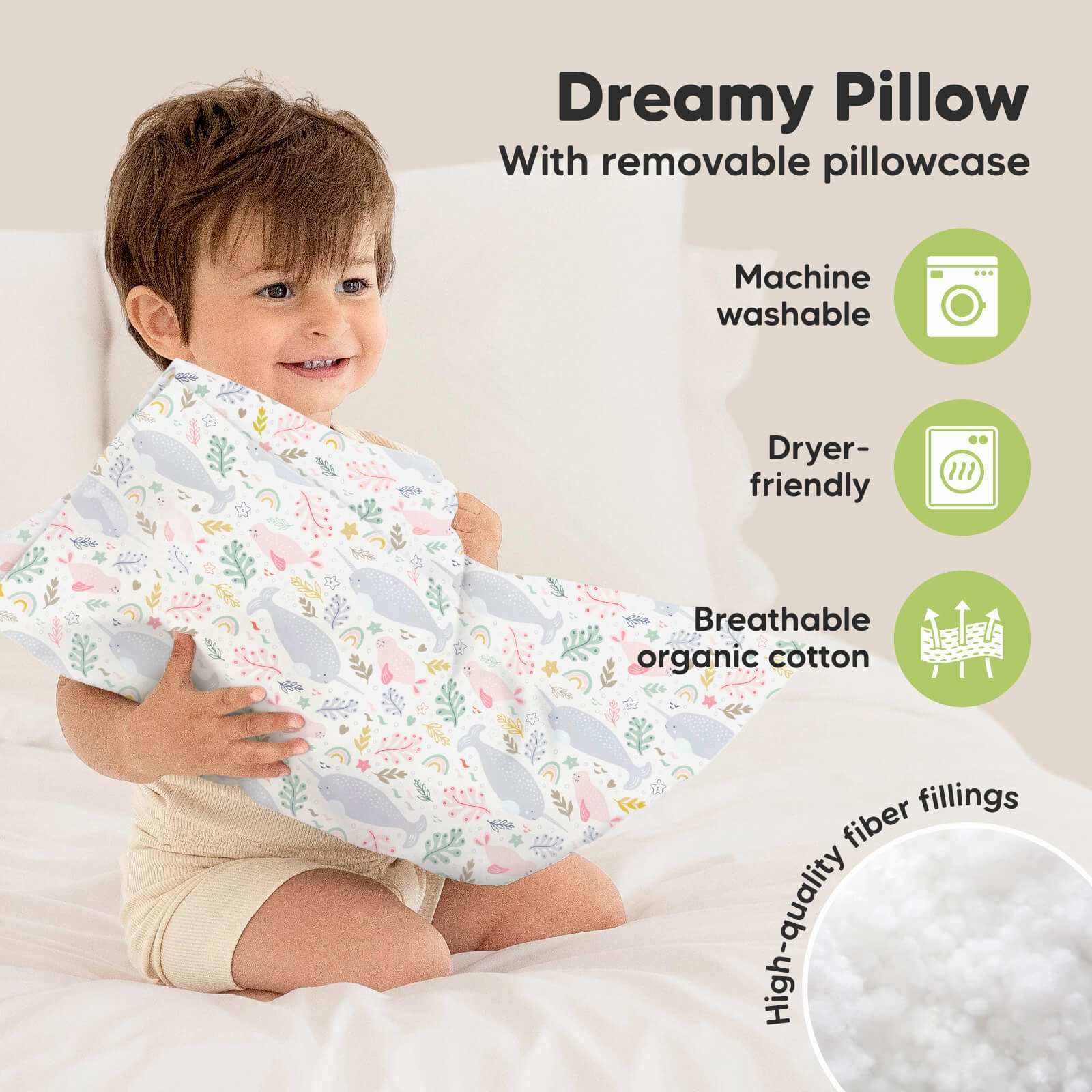 Toddler Pillow with Pillowcase (Narwhal)