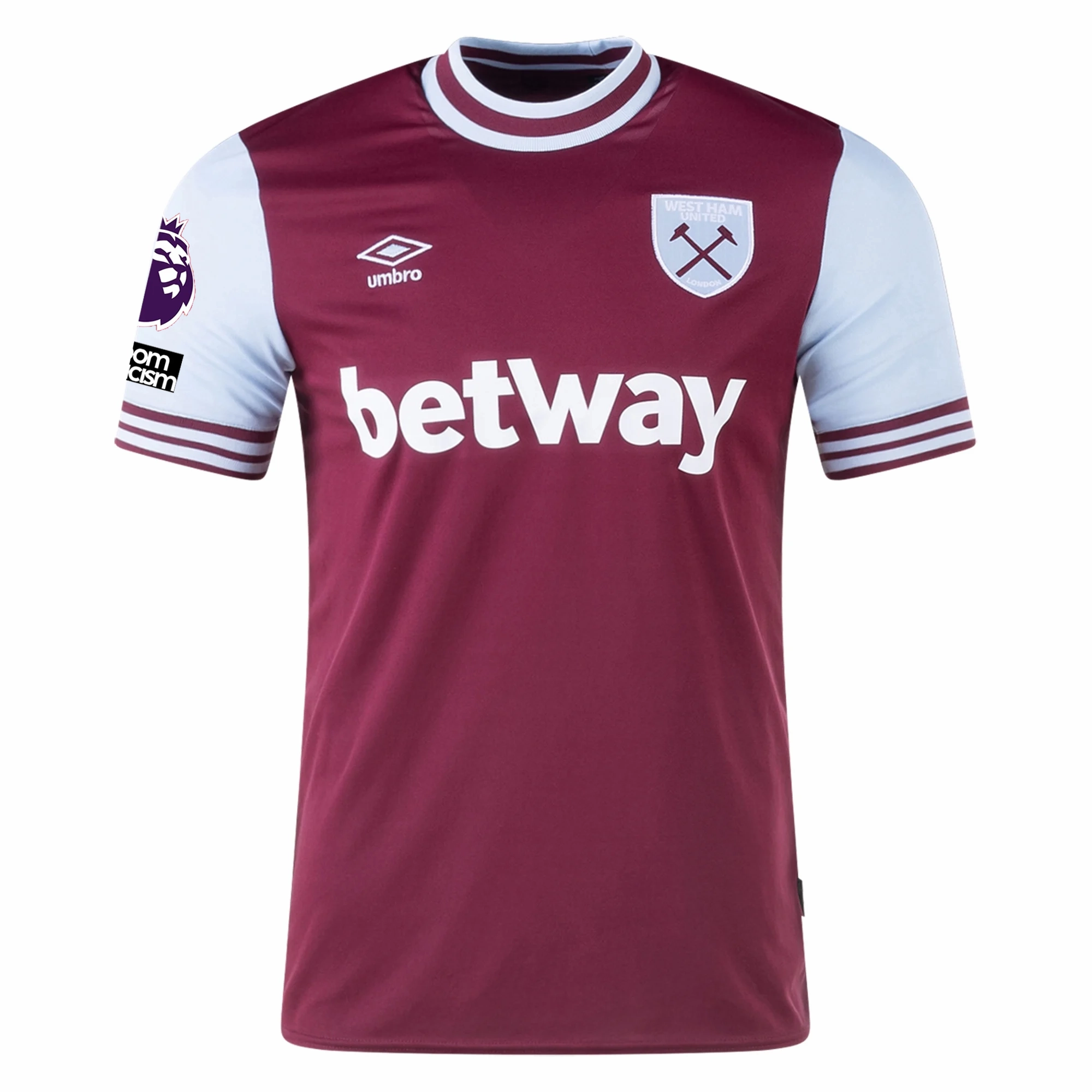 Umbro West Ham Edson Alvarez Home Jersey w/ EPL   No Room For Racism Patches 24/25 (Maroon/Sky Blue)