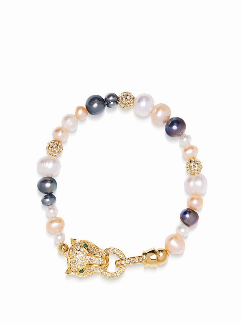 Women's Multi-Colored Pearl Bracelet with Gold Panther Head