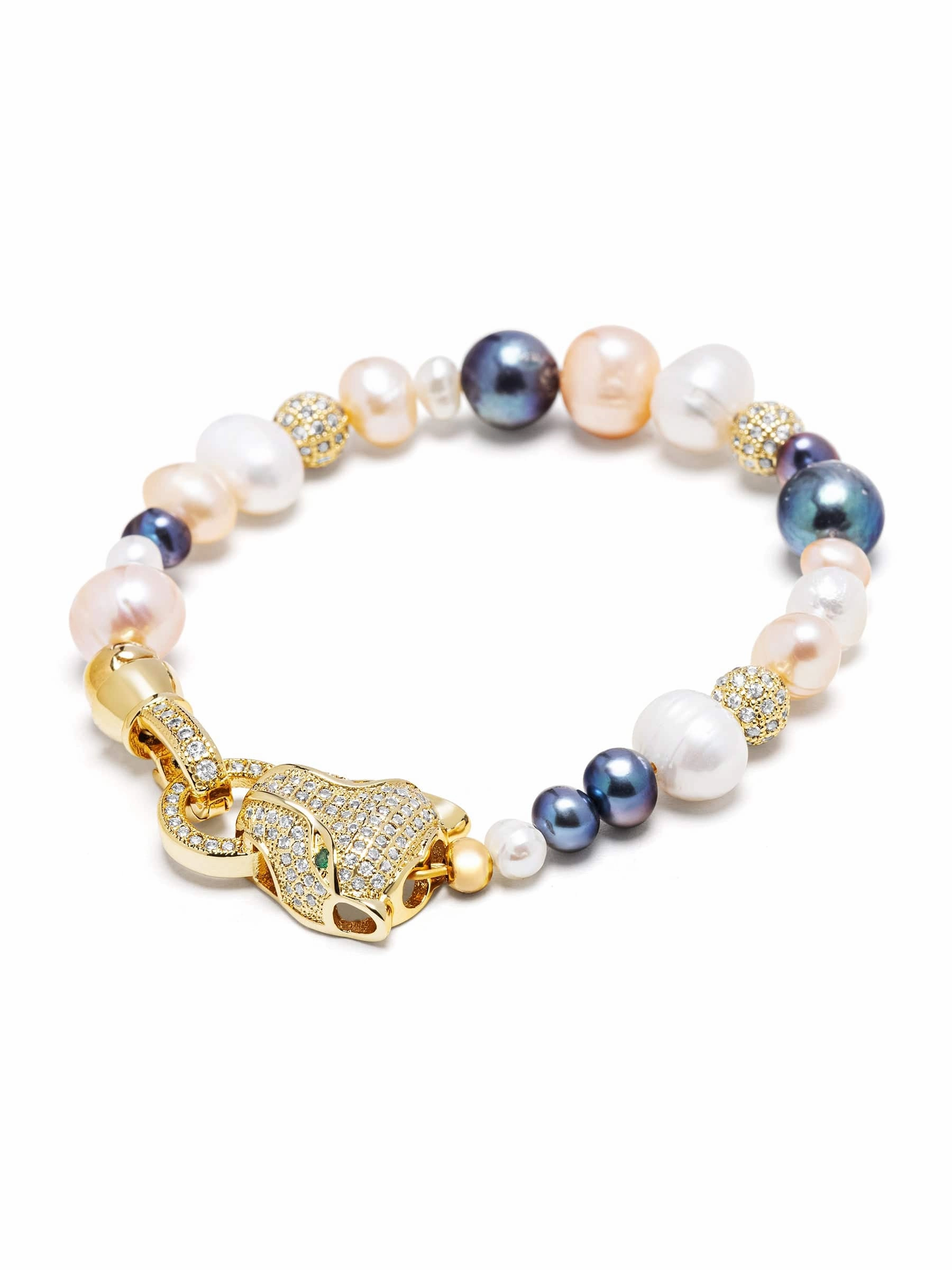 Women's Multi-Colored Pearl Bracelet with Gold Panther Head
