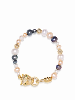 Women's Multi-Colored Pearl Bracelet with Gold Panther Head