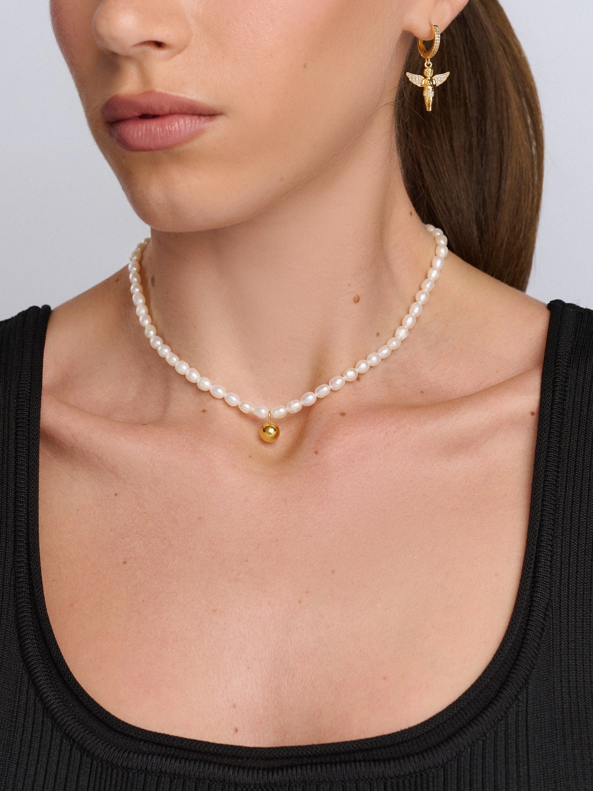 Women's Pearl Choker with Gold Sphere Pendant