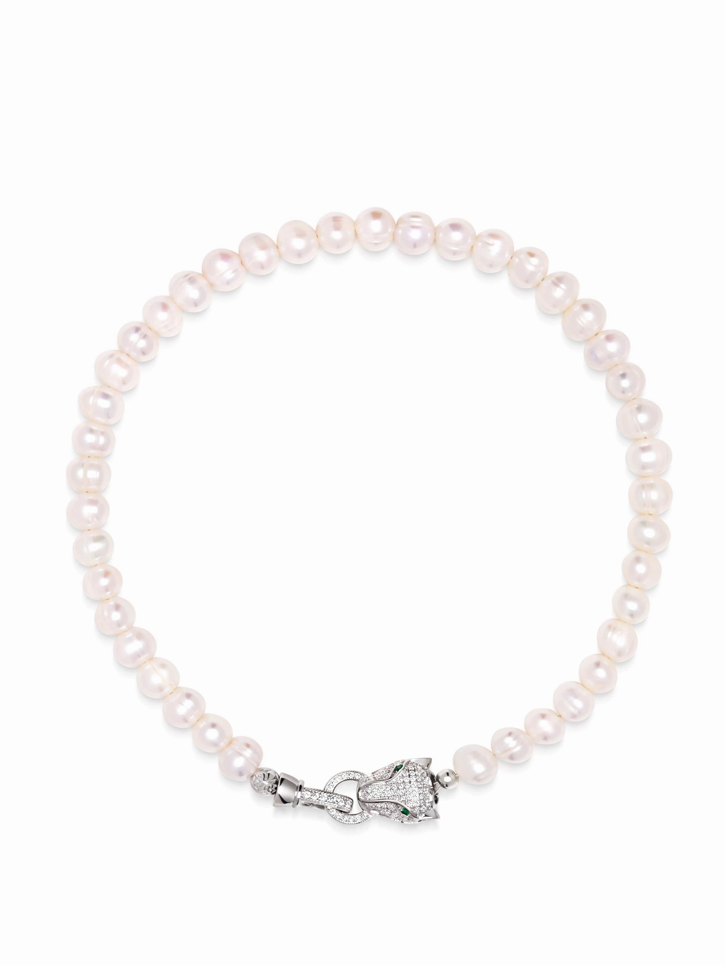 Women's Pearl Choker with Silver Panther Head