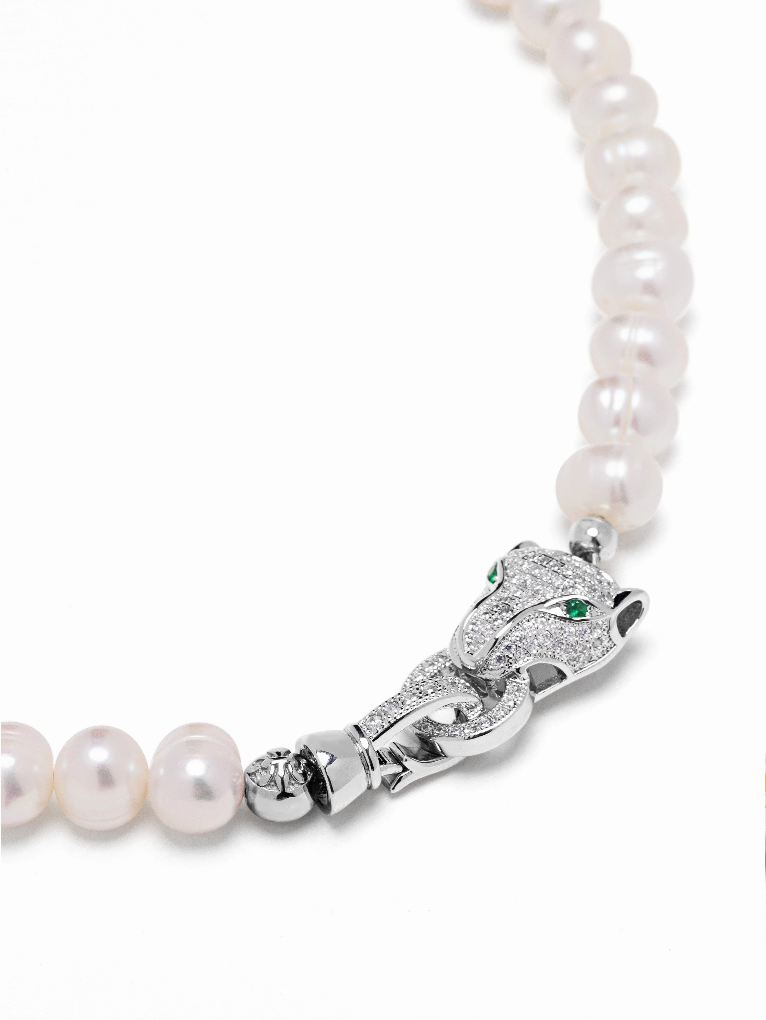 Women's Pearl Choker with Silver Panther Head